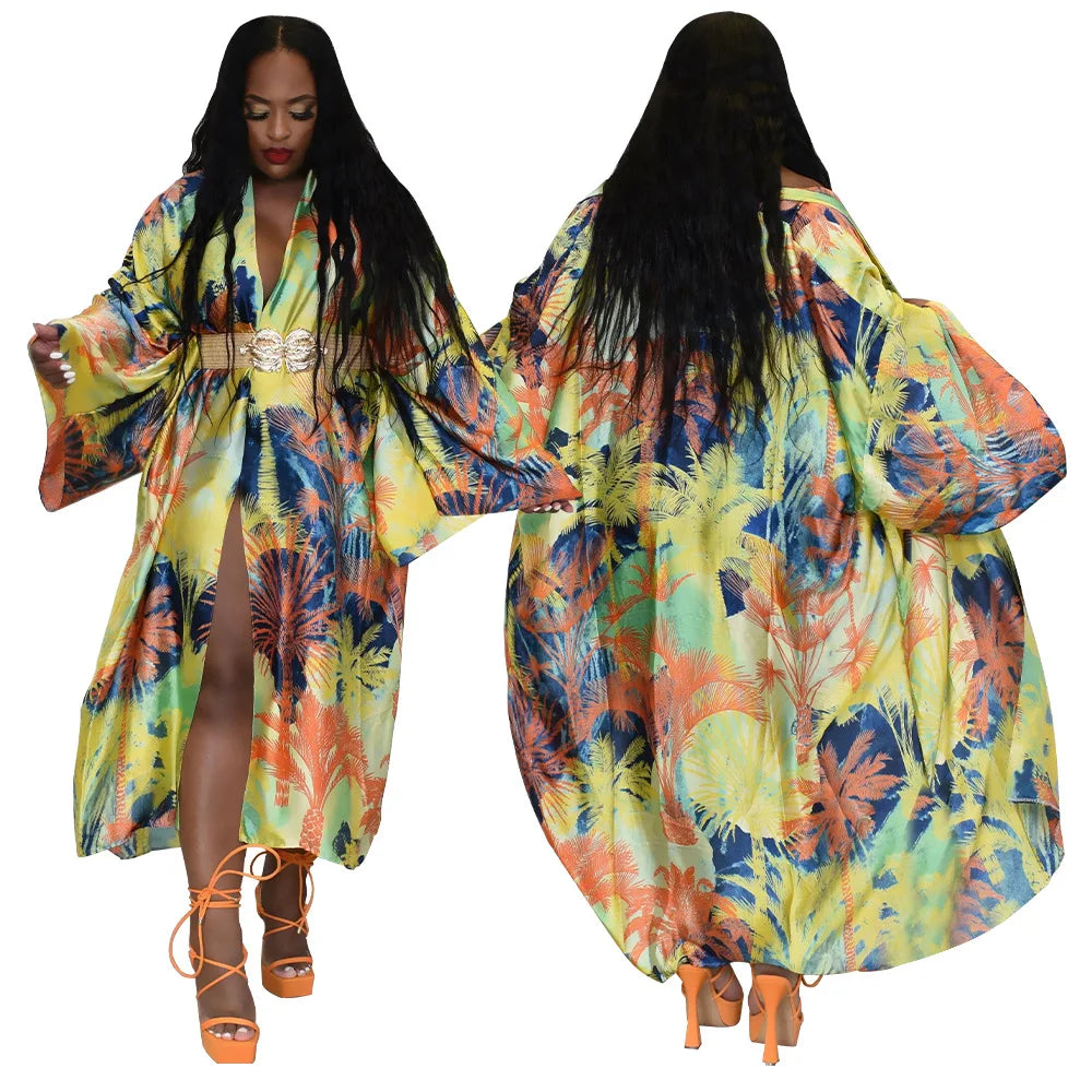 Women's Satin Open Front Cardigan Kimono Duster Sexy Beach Cover-Up Loose Long Flowy Maxi Kimonos Floral Print Cardigan