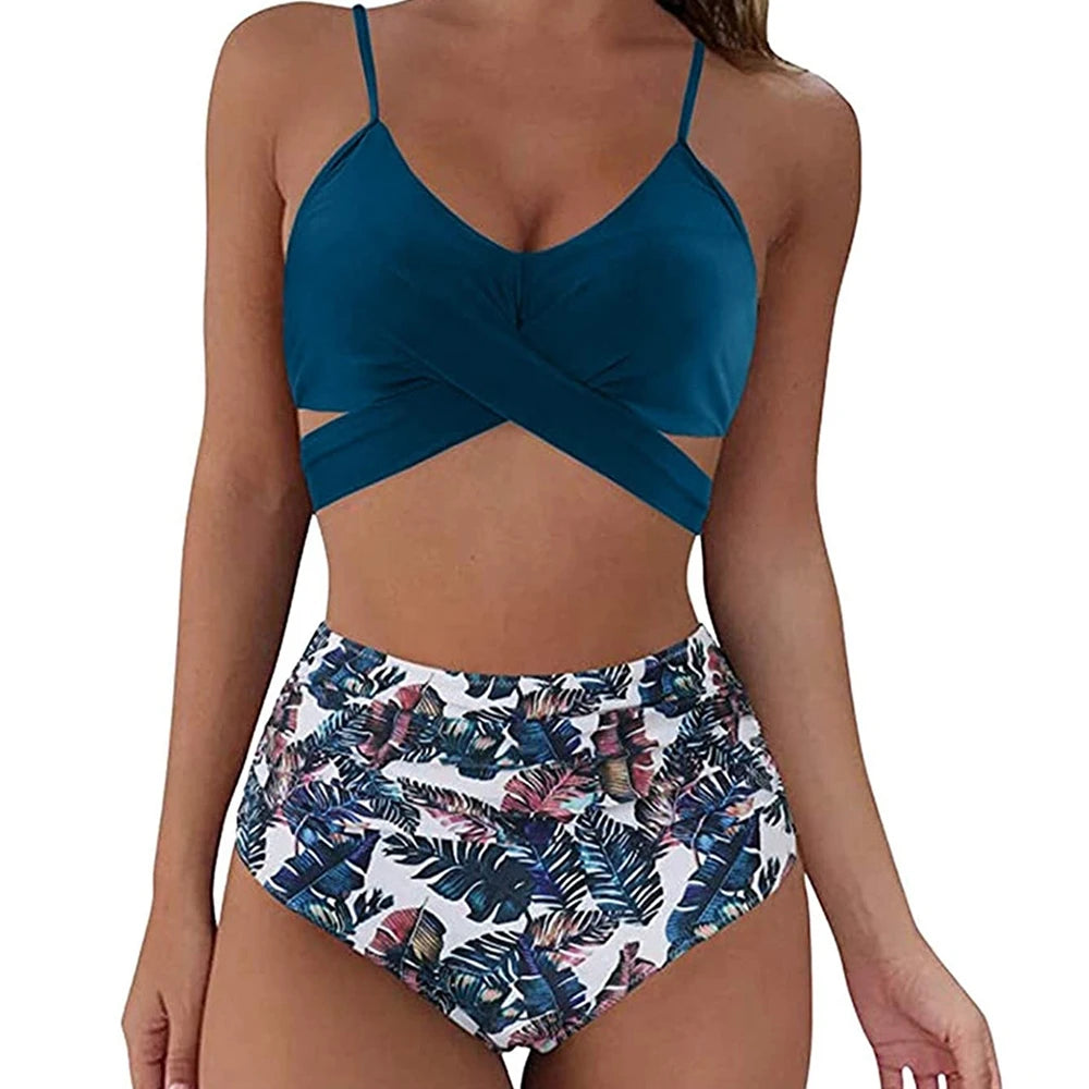 Hot 12 Colors Women Slim Bikini Sets High Waisted Sexy Swimwear 2 Pieces  Solid/Floral Ruched Brazilian Swimsuit Cross Front