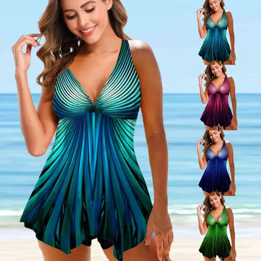 Summer Women's Fashion Vacation Comfortable High Quality Wave Print Tank Top Shorts Beach Two Piece Set S-6XL