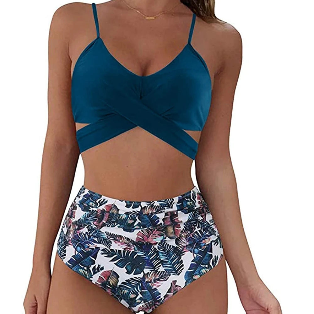 Hot 12 Colors Women Slim Bikini Sets High Waisted Sexy Swimwear 2 Pieces  Solid/Floral Ruched Brazilian Swimsuit Cross Front
