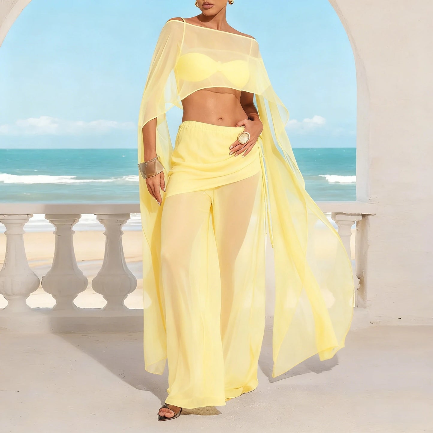 Women Chiffon Long Cape Mesh Sheer See Thru Coverup High Low Flowy Poncho Wraps Capelets Bridal Wedding Evening Party