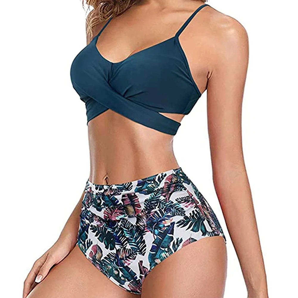 Hot 12 Colors Women Slim Bikini Sets High Waisted Sexy Swimwear 2 Pieces  Solid/Floral Ruched Brazilian Swimsuit Cross Front