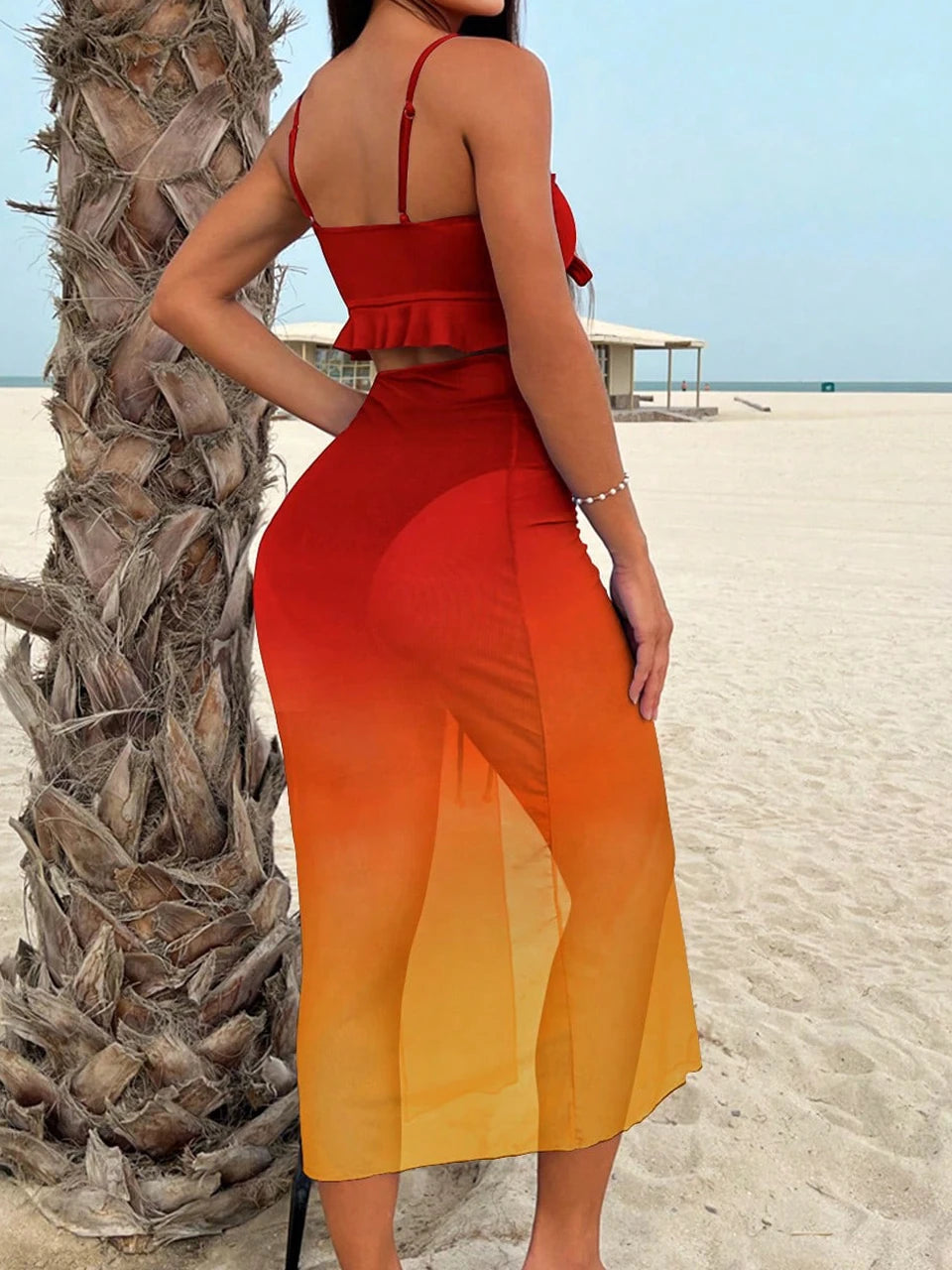 3 Pieces Tie Dye Knot Front Bikinis Women Ruffle Swimwear Female High Waist Swimsuit & Drawstring Beach Skirt Bathing Suit