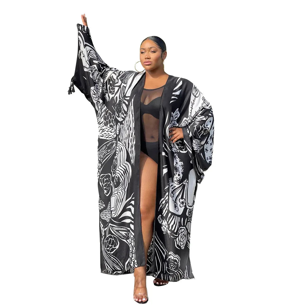Women's Satin Open Front Cardigan Kimono Duster Sexy Beach Cover-Up Loose Long Flowy Maxi Kimonos Floral Print Cardigan