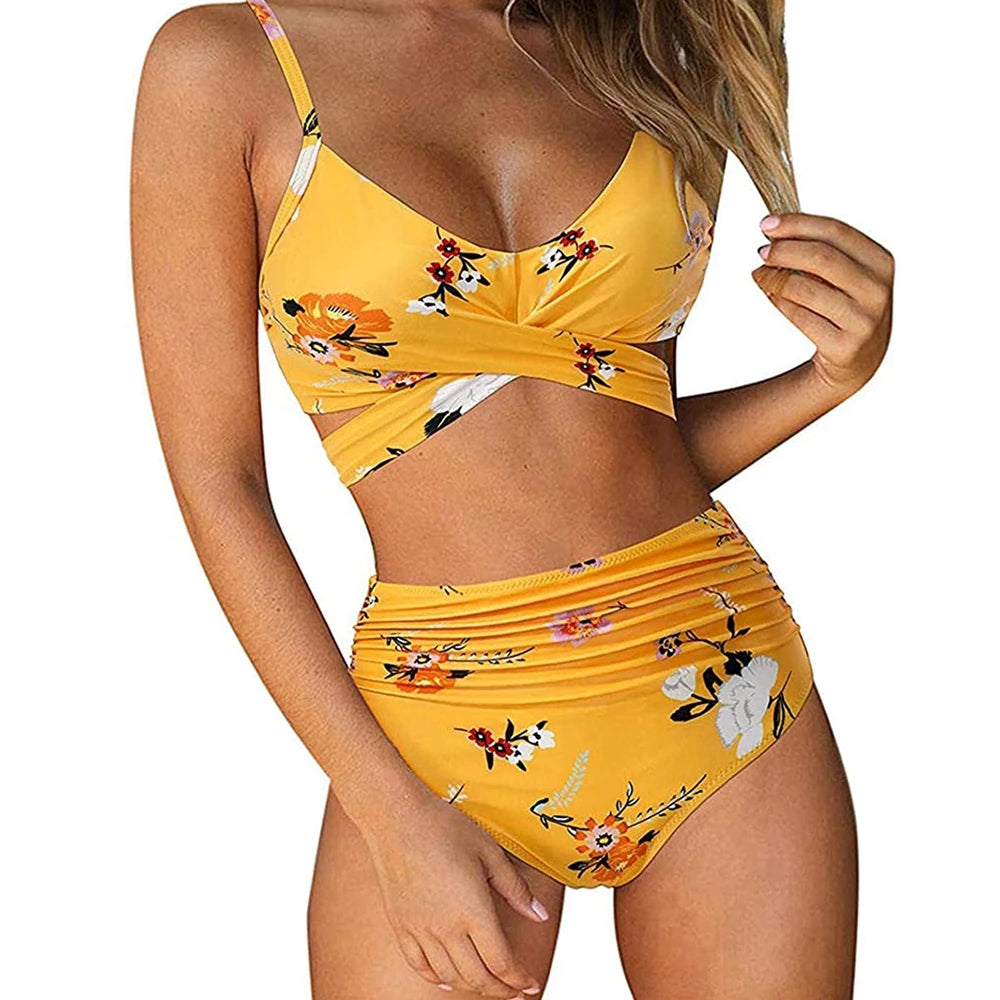 Hot 12 Colors Women Slim Bikini Sets High Waisted Sexy Swimwear 2 Pieces  Solid/Floral Ruched Brazilian Swimsuit Cross Front