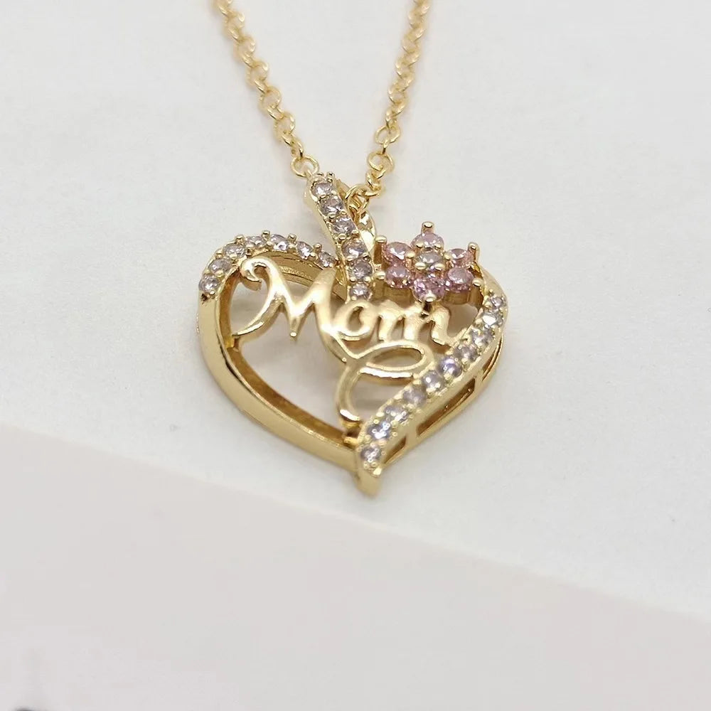 Gold-Plated Mom Heart Necklace with Cubic Zirconia - Dainty Valentine's Day Gift for Women Fashion Jewelry