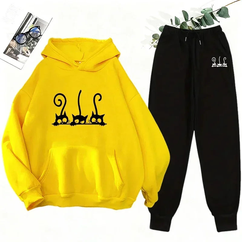Cutie Crypto Cat Print Hoodie Sweatpants Women's Tracksuit Urban Casual Fashion Sportswear Fall Winter Home Outdoor Warm Outfits