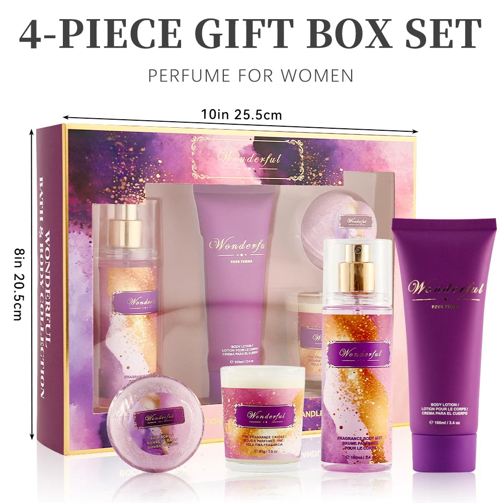 Wonderful- Fragrances by Traci K Beauty 4 Piece Gift Box Set Women's Fragrance Sets 3.4fl.oz Body Mist, 3.4fl.oz Body Lotion, 3oz Candle and 2oz Bath Bomb 4 Pcs WONDERFUL Gift for Women