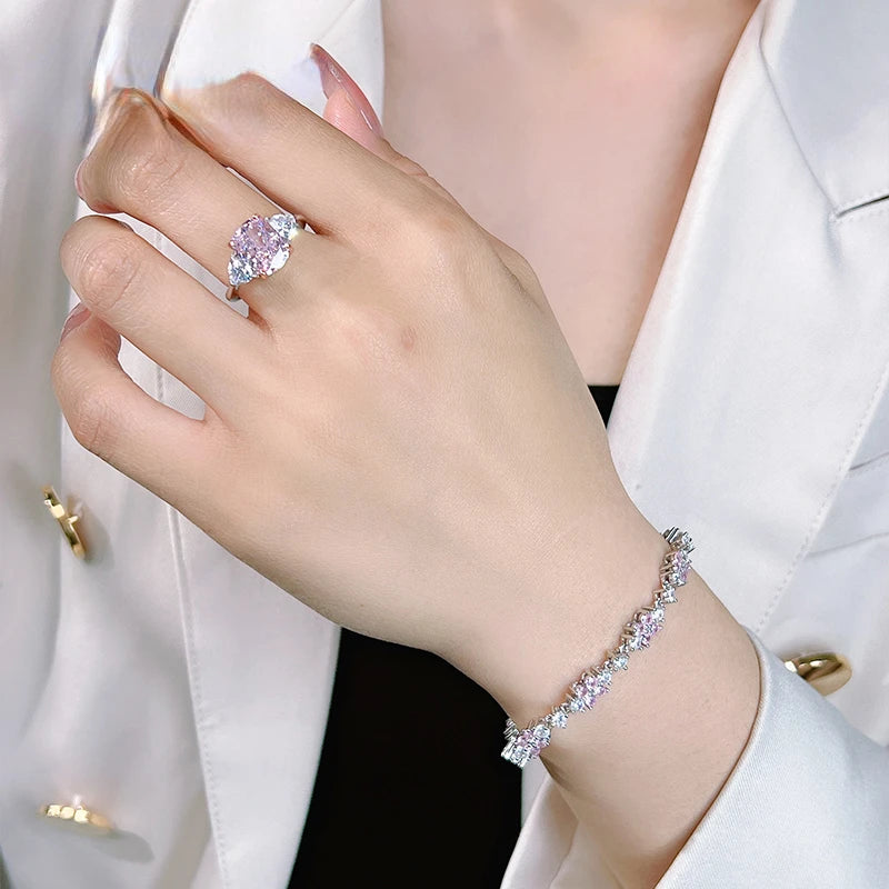 Luxury Pink Diamond Radiance Ice cut 925 silver ring set