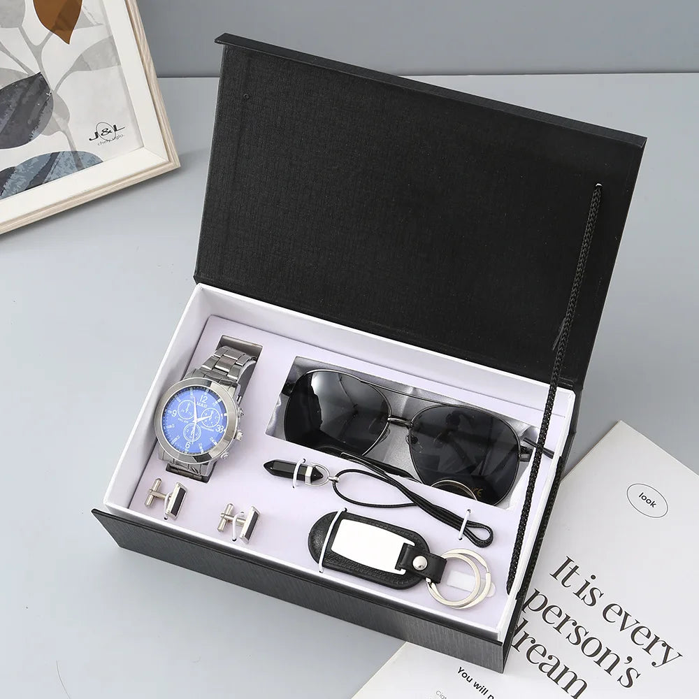 Fancy by Traci K Collection New Watch Men's Gift Set with Box Belt Wallet Set Keychain Sunglasses Cufflinks Ballpoint Pen Father's Day Gift Business Box Set