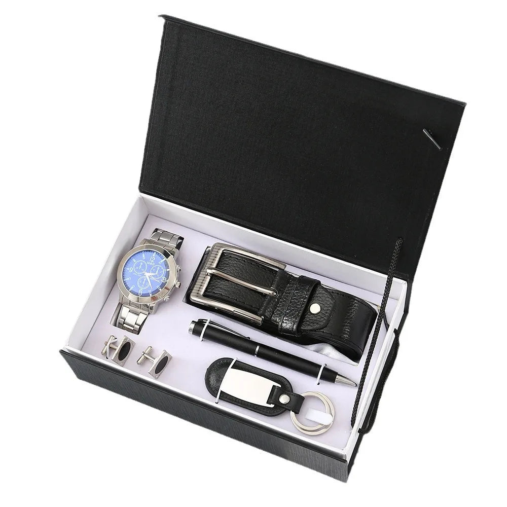 Fancy by Traci K Collection New Watch Men's Gift Set with Box Belt Wallet Set Keychain Sunglasses Cufflinks Ballpoint Pen Father's Day Gift Business Box Set