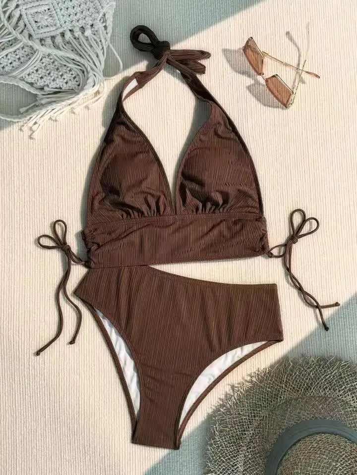 New Women's Pure Color Hanging Neck Bikini Swimsuit Separate Design Sport Fitness Swimmingwear Casual Chic Underwear