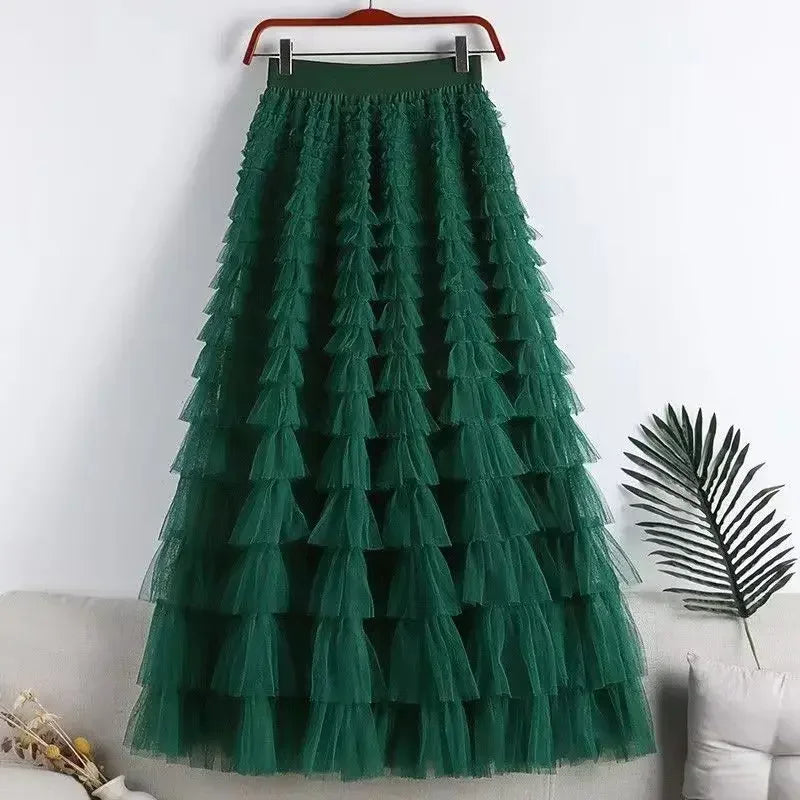Casual Solid Women Tierred Ball Gown Skirts Tulle High Waist Pleated Long Tutu Skirt Elegant Ladies Wild Mesh Dating Maxi Skirts