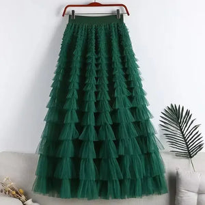 Casual Solid Women Tierred Ball Gown Skirts Tulle High Waist Pleated Long Tutu Skirt Elegant Ladies Wild Mesh Dating Maxi Skirts