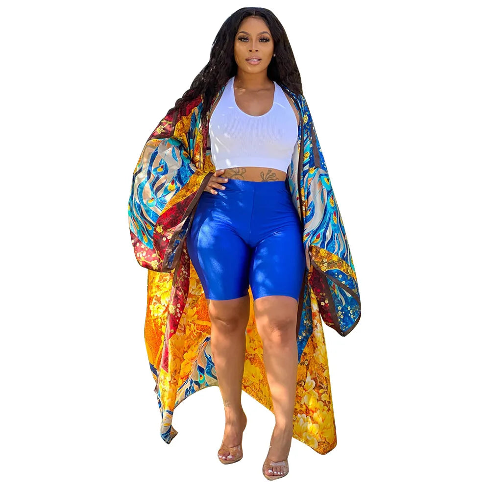 Women's Satin Open Front Cardigan Kimono Duster Sexy Beach Cover-Up Loose Long Flowy Maxi Kimonos Floral Print Cardigan