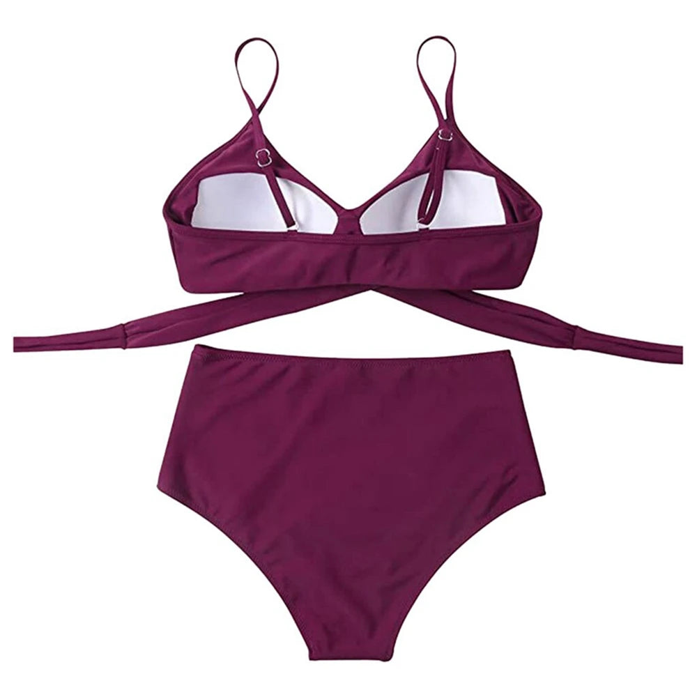 Hot 12 Colors Women Slim Bikini Sets High Waisted Sexy Swimwear 2 Pieces  Solid/Floral Ruched Brazilian Swimsuit Cross Front