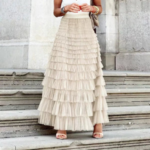 Casual Solid Women Tierred Ball Gown Skirts Tulle High Waist Pleated Long Tutu Skirt Elegant Ladies Wild Mesh Dating Maxi Skirts