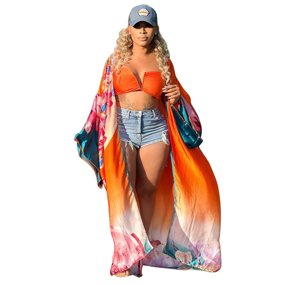 Women's Satin Open Front Cardigan Kimono Duster Sexy Beach Cover-Up Loose Long Flowy Maxi Kimonos Floral Print Cardigan