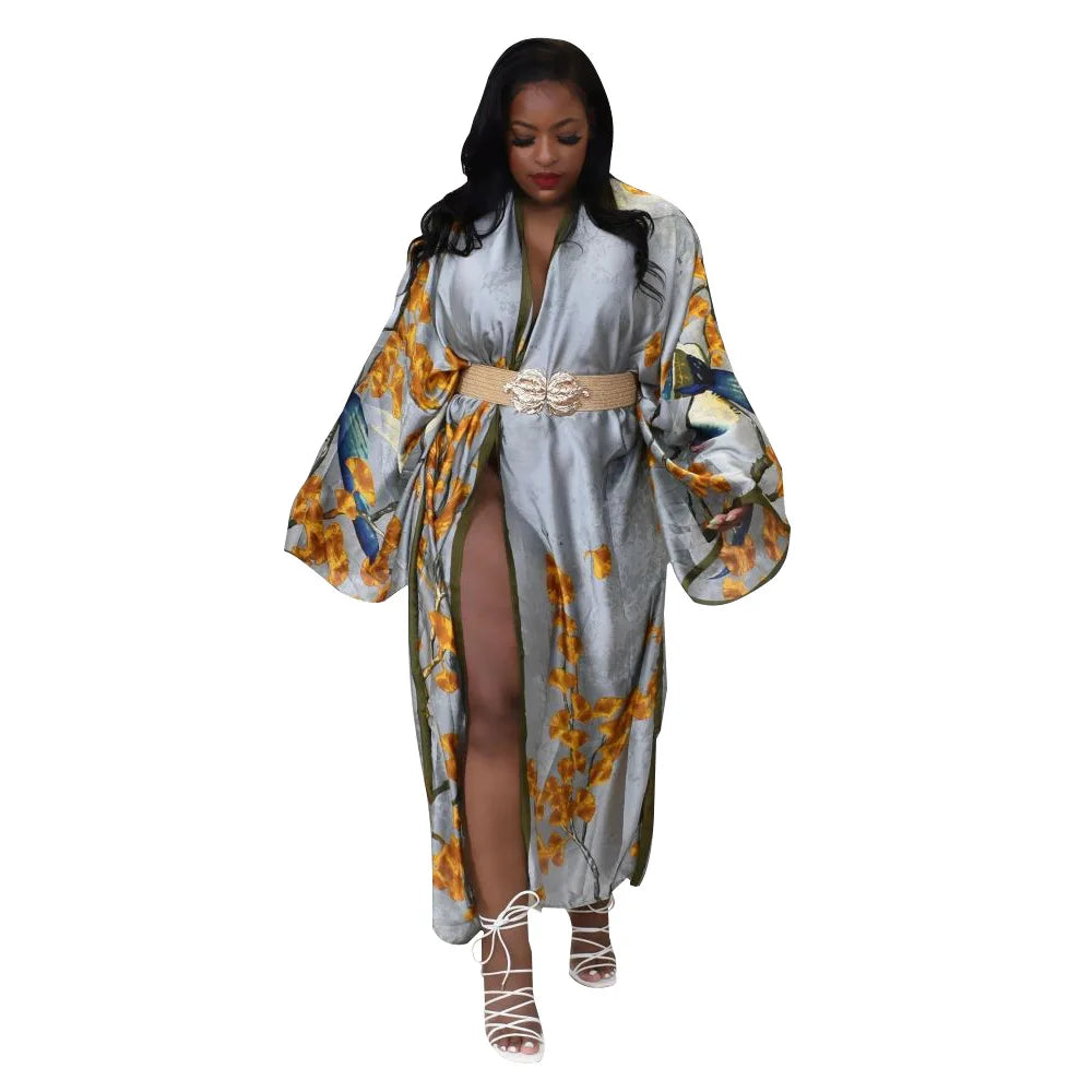 Women's Satin Open Front Cardigan Kimono Duster Sexy Beach Cover-Up Loose Long Flowy Maxi Kimonos Floral Print Cardigan