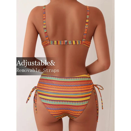 new summer orange print pants drawstring design swimsuit two-piece set
