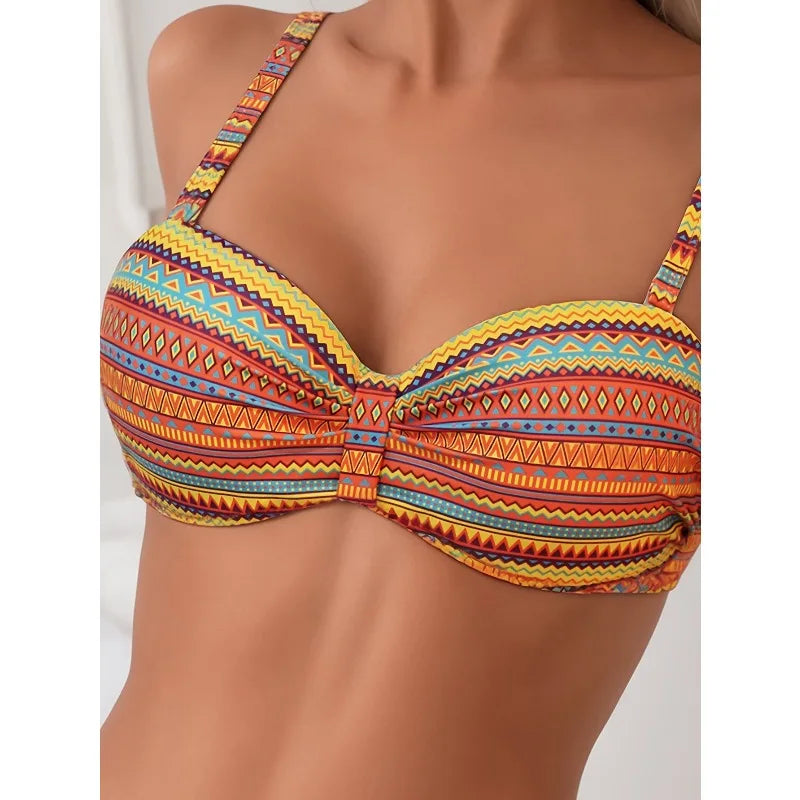 new summer orange print pants drawstring design swimsuit two-piece set