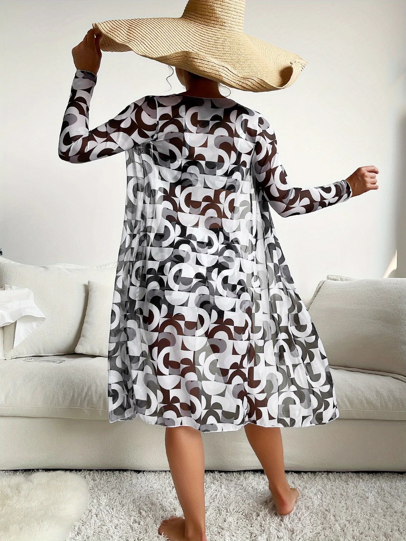 Three-piece printed drawstring bikini set, stylish high-waisted swimsuit with long-sleeved tulle blouse and kimono shirt