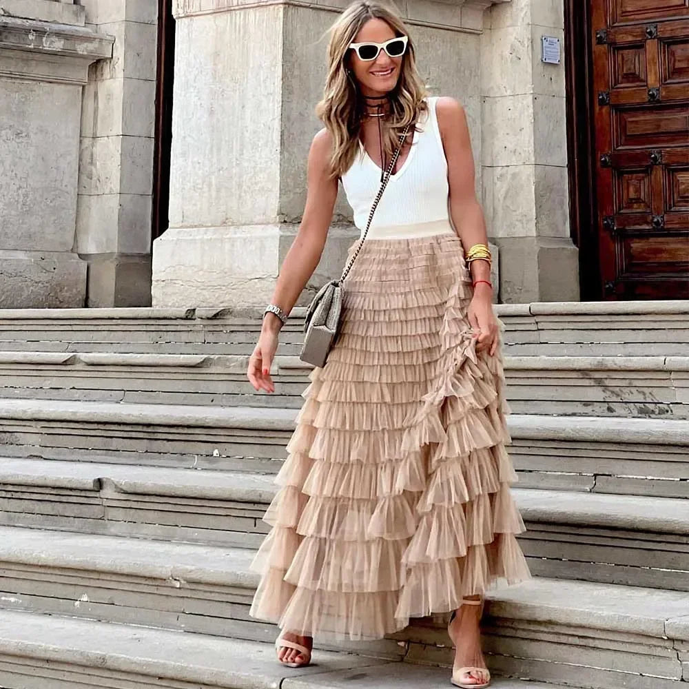 Casual Solid Women Tierred Ball Gown Skirts Tulle High Waist Pleated Long Tutu Skirt Elegant Ladies Wild Mesh Dating Maxi Skirts