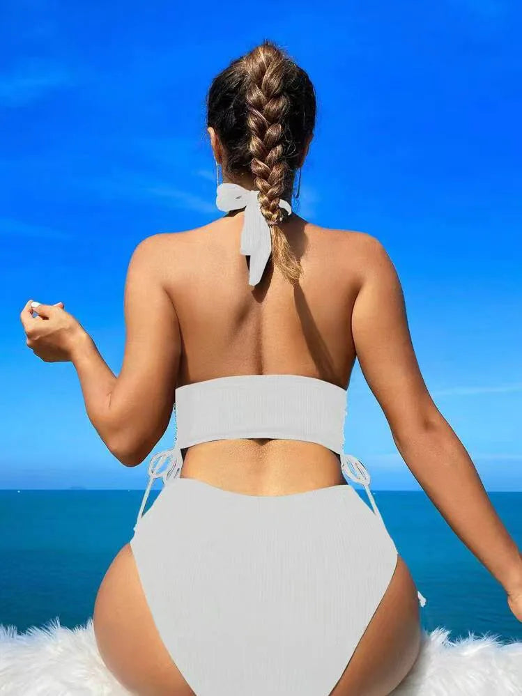 New Women's Pure Color Hanging Neck Bikini Swimsuit Separate Design Sport Fitness Swimmingwear Casual Chic Underwear