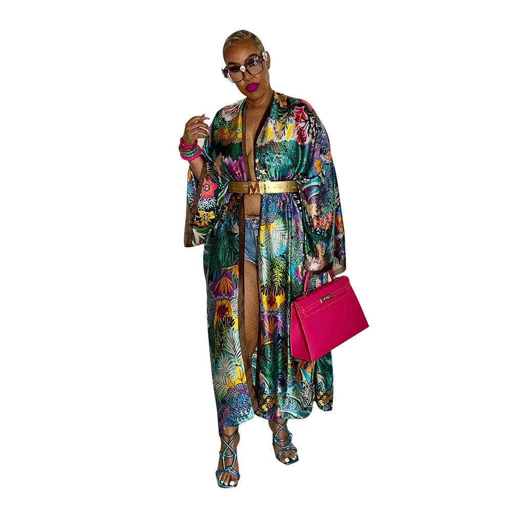 Women's Satin Open Front Cardigan Kimono Duster Sexy Beach Cover-Up Loose Long Flowy Maxi Kimonos Floral Print Cardigan
