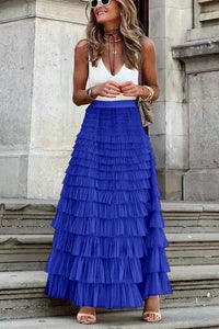 Casual Solid Women Tierred Ball Gown Skirts Tulle High Waist Pleated Long Tutu Skirt Elegant Ladies Wild Mesh Dating Maxi Skirts