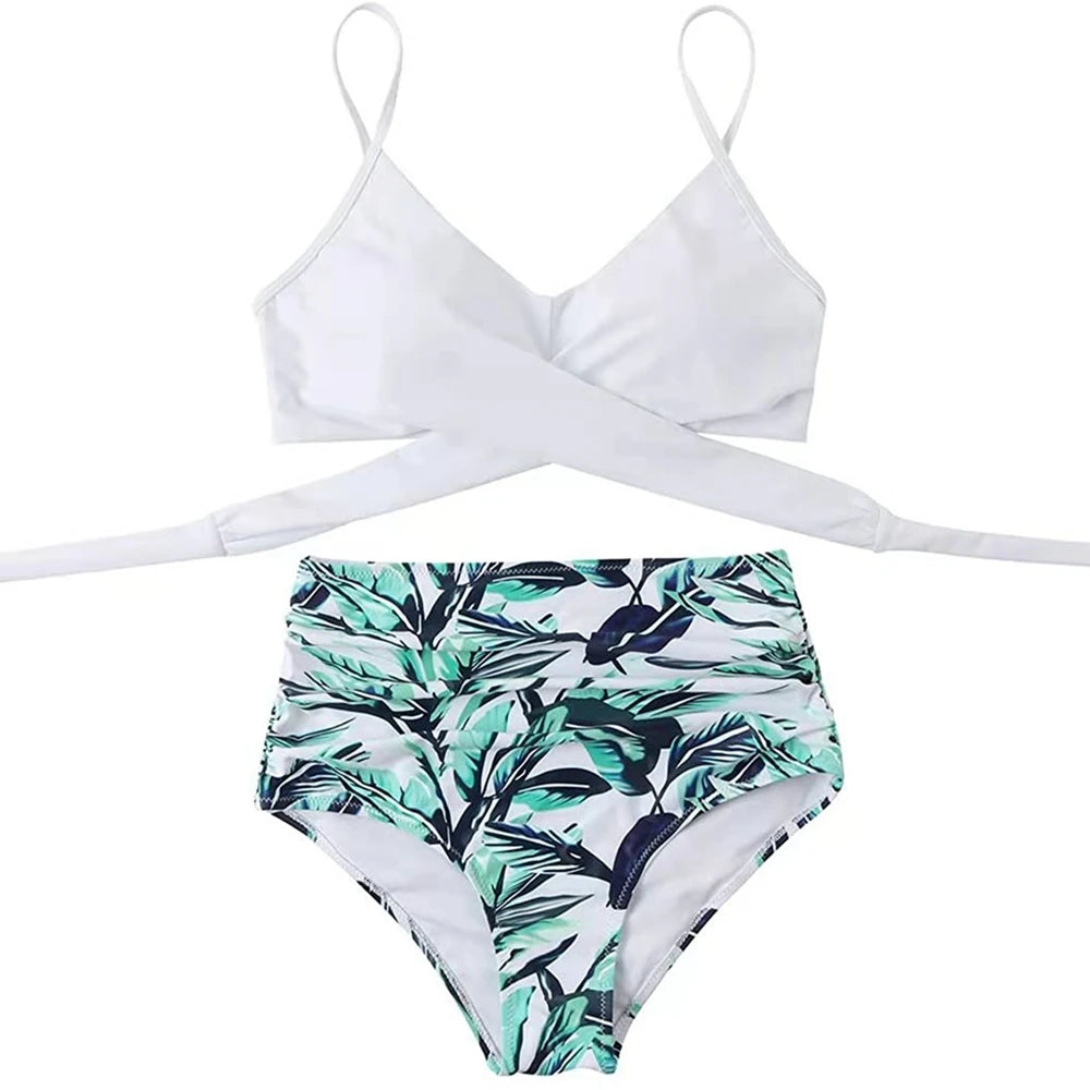 Hot 12 Colors Women Slim Bikini Sets High Waisted Sexy Swimwear 2 Pieces  Solid/Floral Ruched Brazilian Swimsuit Cross Front