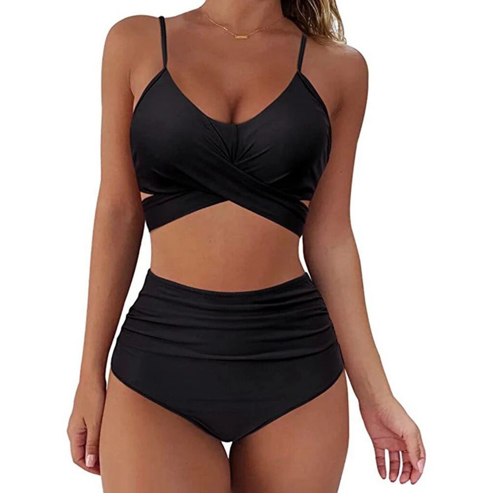 Hot 12 Colors Women Slim Bikini Sets High Waisted Sexy Swimwear 2 Pieces  Solid/Floral Ruched Brazilian Swimsuit Cross Front