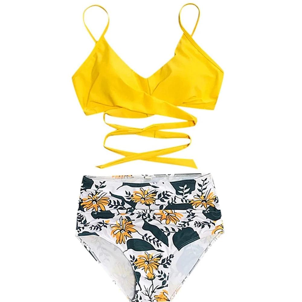 Hot 12 Colors Women Slim Bikini Sets High Waisted Sexy Swimwear 2 Pieces  Solid/Floral Ruched Brazilian Swimsuit Cross Front