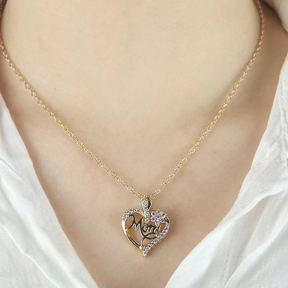 Gold-Plated Mom Heart Necklace with Cubic Zirconia - Dainty Valentine's Day Gift for Women Fashion Jewelry