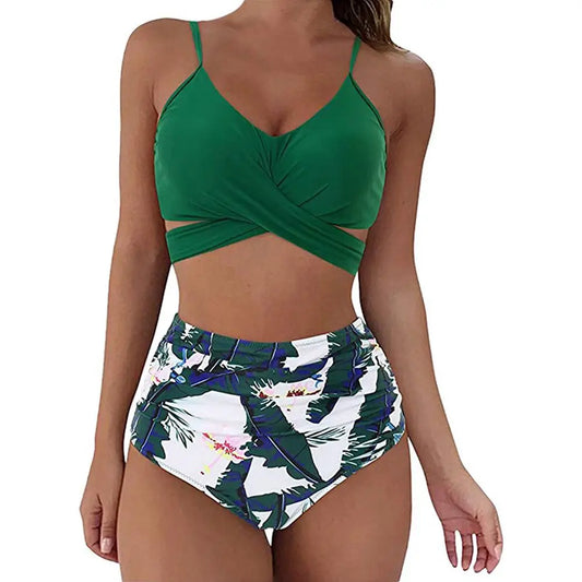 Hot 12 Colors Women Slim Bikini Sets High Waisted Sexy Swimwear 2 Pieces  Solid/Floral Ruched Brazilian Swimsuit Cross Front