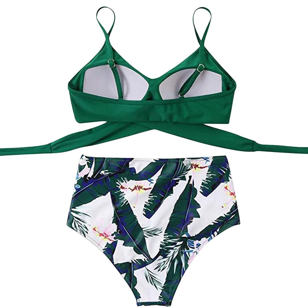 Hot 12 Colors Women Slim Bikini Sets High Waisted Sexy Swimwear 2 Pieces  Solid/Floral Ruched Brazilian Swimsuit Cross Front