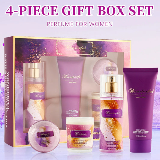 Wonderful- Fragrances by Traci K Beauty 4 Piece Gift Box Set Women's Fragrance Sets 3.4fl.oz Body Mist, 3.4fl.oz Body Lotion, 3oz Candle and 2oz Bath Bomb 4 Pcs WONDERFUL Gift for Women