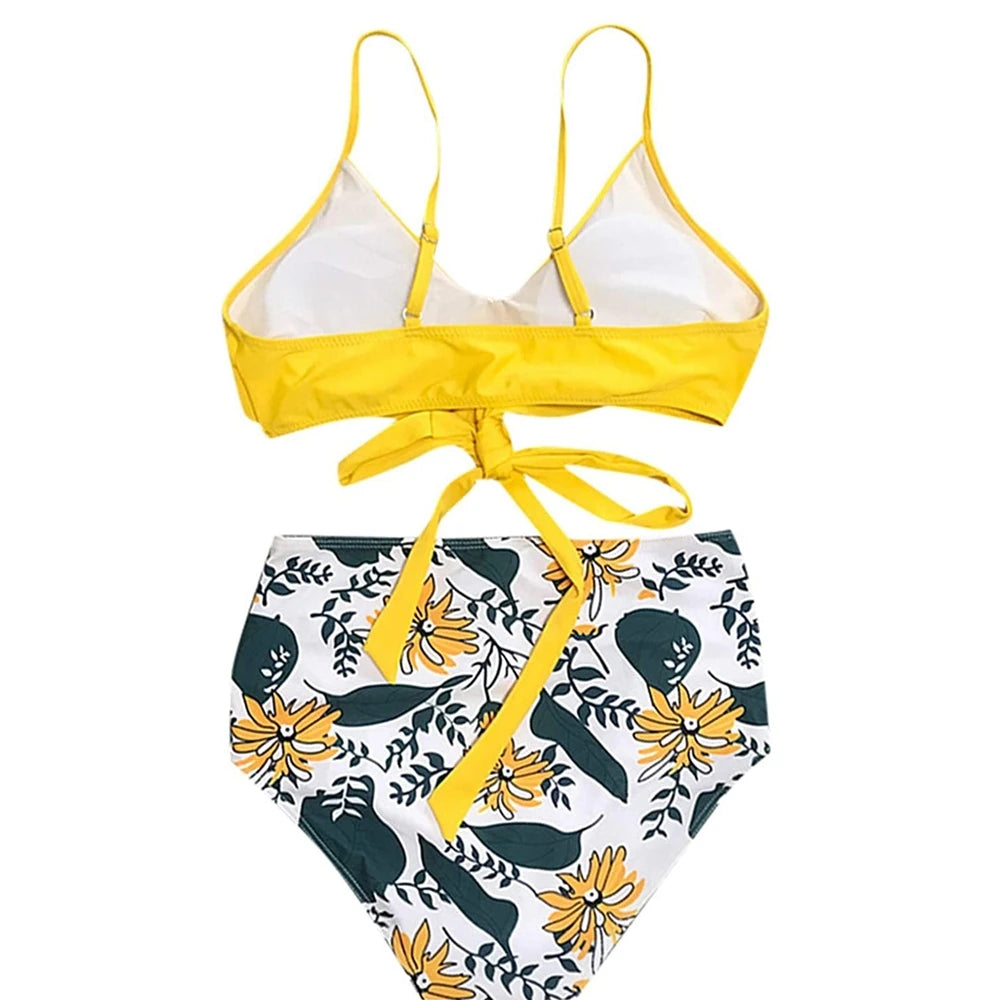 Hot 12 Colors Women Slim Bikini Sets High Waisted Sexy Swimwear 2 Pieces  Solid/Floral Ruched Brazilian Swimsuit Cross Front