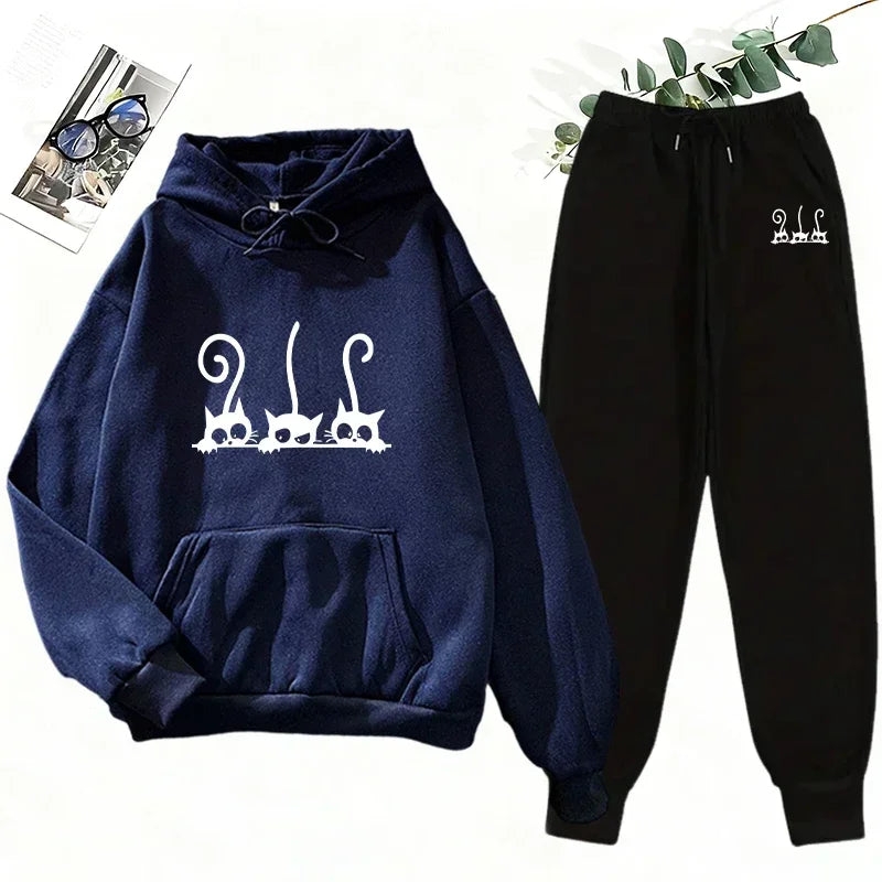 Cutie Crypto Cat Print Hoodie Sweatpants Women's Tracksuit Urban Casual Fashion Sportswear Fall Winter Home Outdoor Warm Outfits