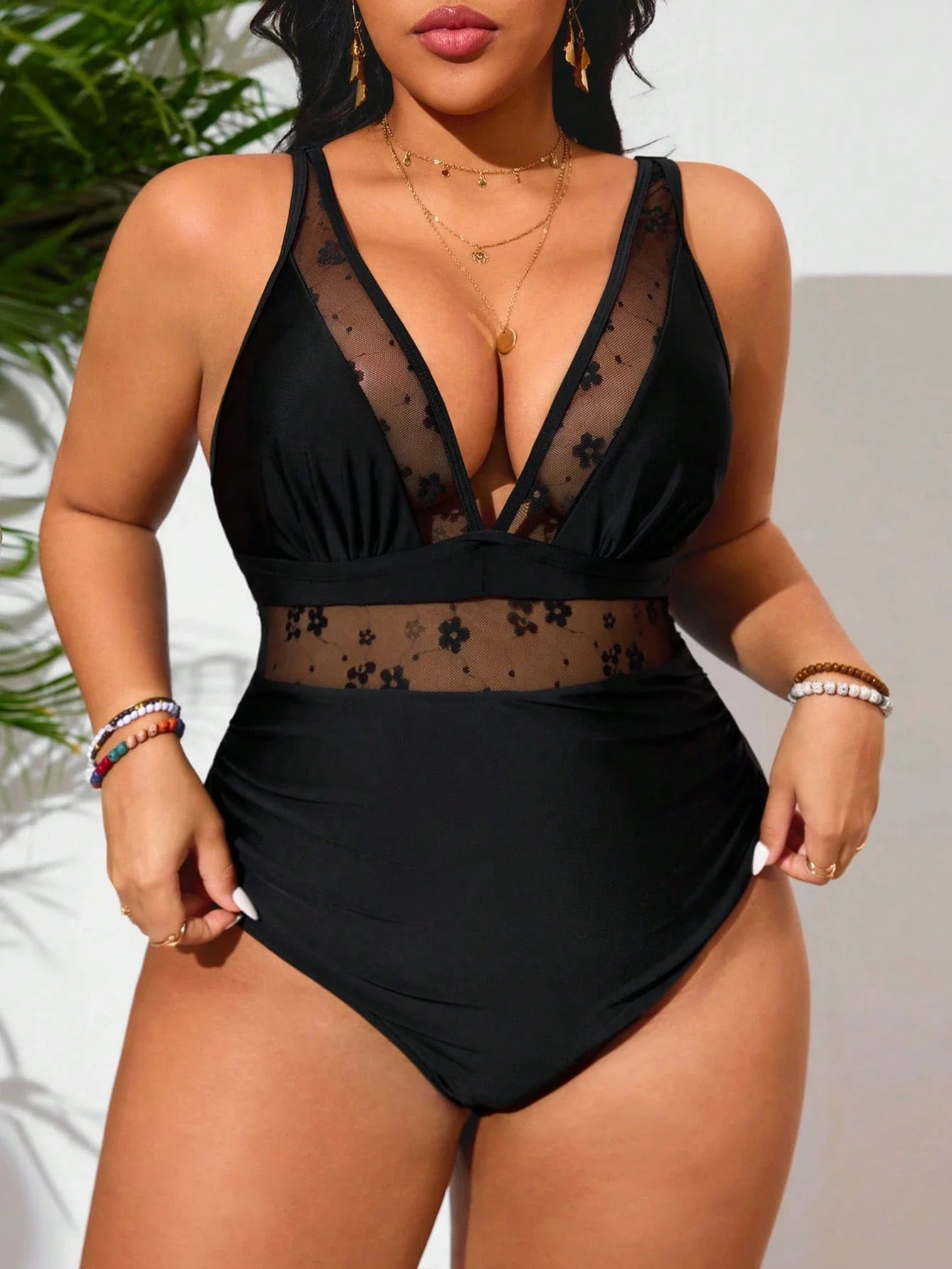 Plus Size One Piece Swimsuit With Mesh Panel And Ruched Tummy For Women Summer Vacation