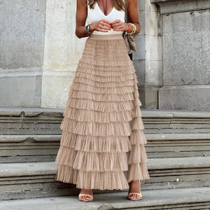 Casual Solid Women Tierred Ball Gown Skirts Tulle High Waist Pleated Long Tutu Skirt Elegant Ladies Wild Mesh Dating Maxi Skirts