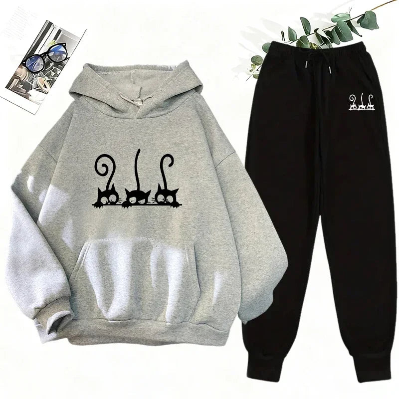 Cutie Crypto Cat Print Hoodie Sweatpants Women's Tracksuit Urban Casual Fashion Sportswear Fall Winter Home Outdoor Warm Outfits