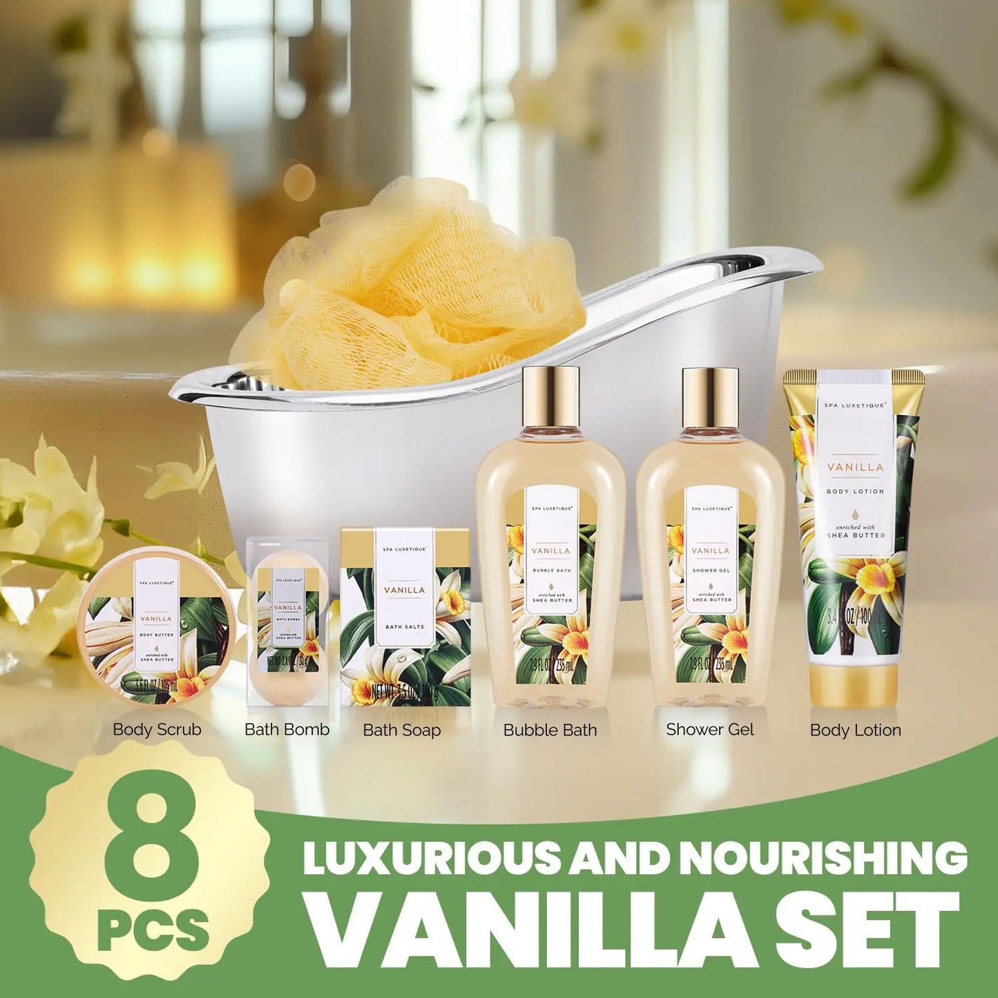 Spa Luxetique by Traci K Beauty Vanilla Spa Gift Basket for Women - 8 Pcs Bath Set,