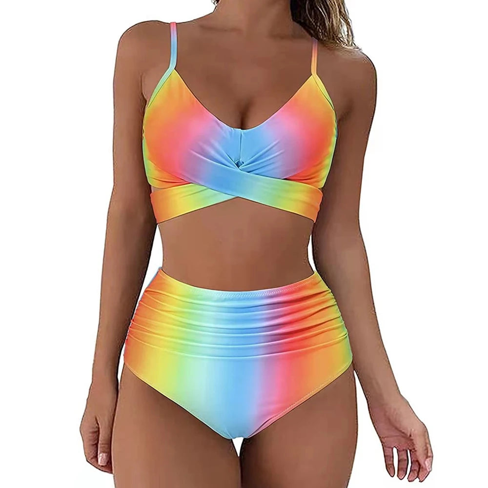 Hot 12 Colors Women Slim Bikini Sets High Waisted Sexy Swimwear 2 Pieces  Solid/Floral Ruched Brazilian Swimsuit Cross Front