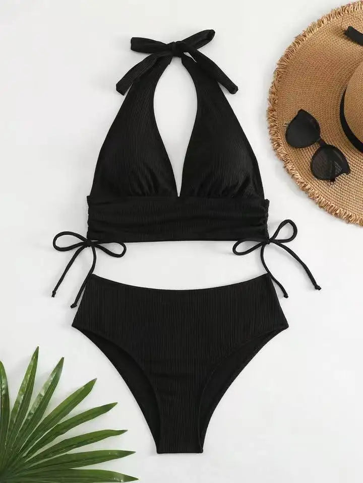 New Women's Pure Color Hanging Neck Bikini Swimsuit Separate Design Sport Fitness Swimmingwear Casual Chic Underwear