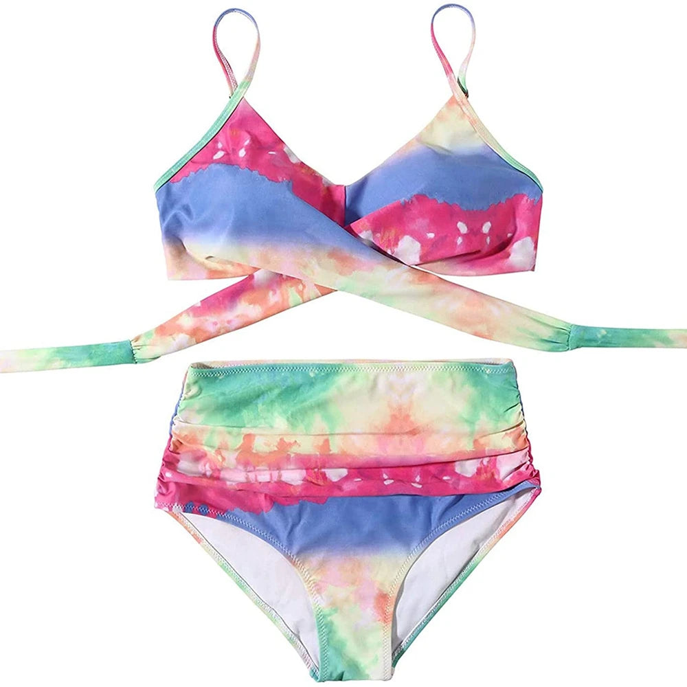 Hot 12 Colors Women Slim Bikini Sets High Waisted Sexy Swimwear 2 Pieces  Solid/Floral Ruched Brazilian Swimsuit Cross Front