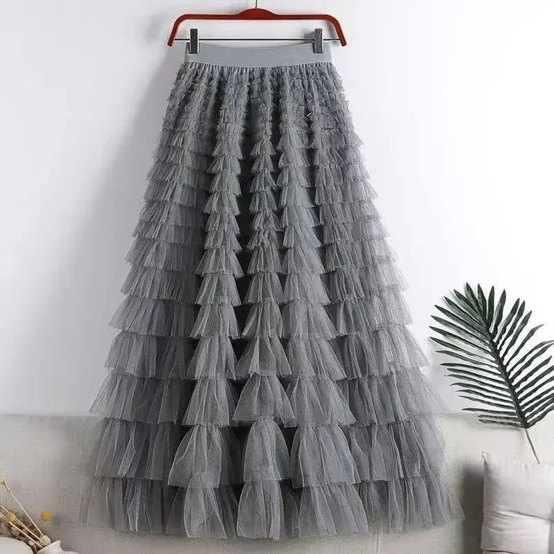 Casual Solid Women Tierred Ball Gown Skirts Tulle High Waist Pleated Long Tutu Skirt Elegant Ladies Wild Mesh Dating Maxi Skirts