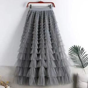 Casual Solid Women Tierred Ball Gown Skirts Tulle High Waist Pleated Long Tutu Skirt Elegant Ladies Wild Mesh Dating Maxi Skirts