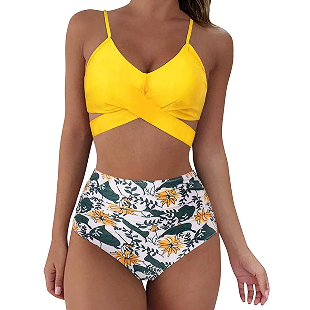 Hot 12 Colors Women Slim Bikini Sets High Waisted Sexy Swimwear 2 Pieces  Solid/Floral Ruched Brazilian Swimsuit Cross Front