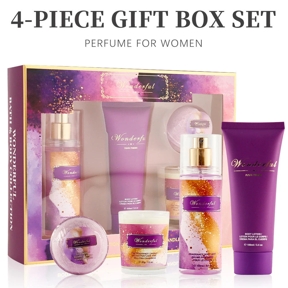 Wonderful- Fragrances by Traci K Beauty 4 Piece Gift Box Set Women's Fragrance Sets 3.4fl.oz Body Mist, 3.4fl.oz Body Lotion, 3oz Candle and 2oz Bath Bomb 4 Pcs WONDERFUL Gift for Women